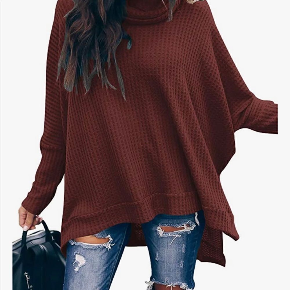 COPY - New Boutique Women Turtleneck Batwing Sleeve High Low Hem Side Slit Waff…